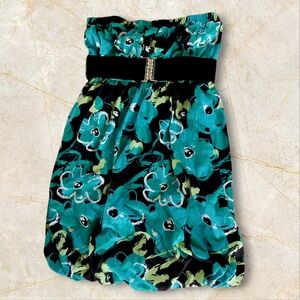SWS Strapless Mini Parachute Green Floral Dress with Black Belt